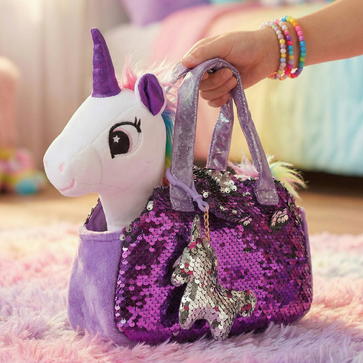 Unicorn♡ White and Purple Unicorn Pet Plush Set with Bag for Kids – Little