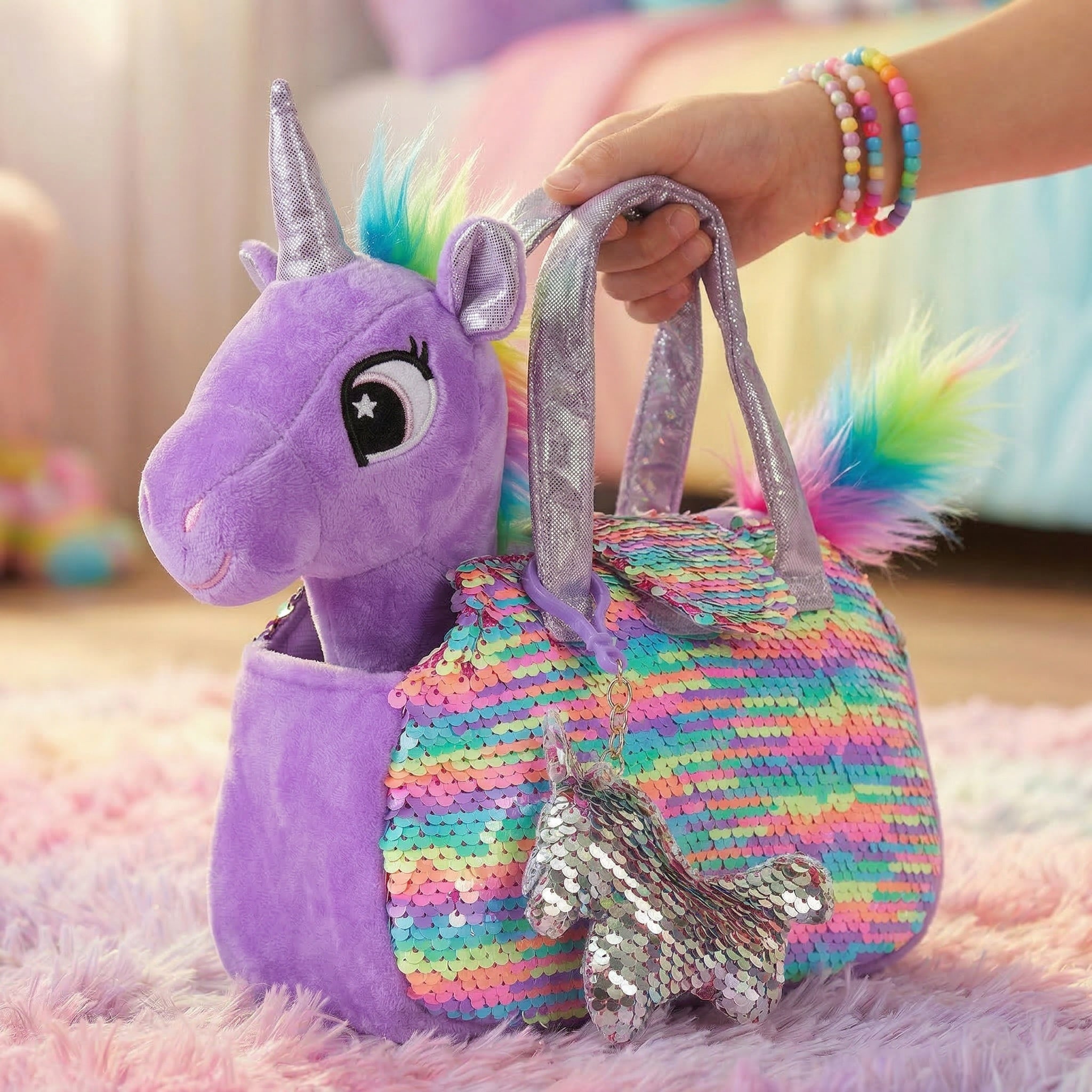 Purple Rainbow Unicorn Pet Plush Set with Bag for Kids – Little