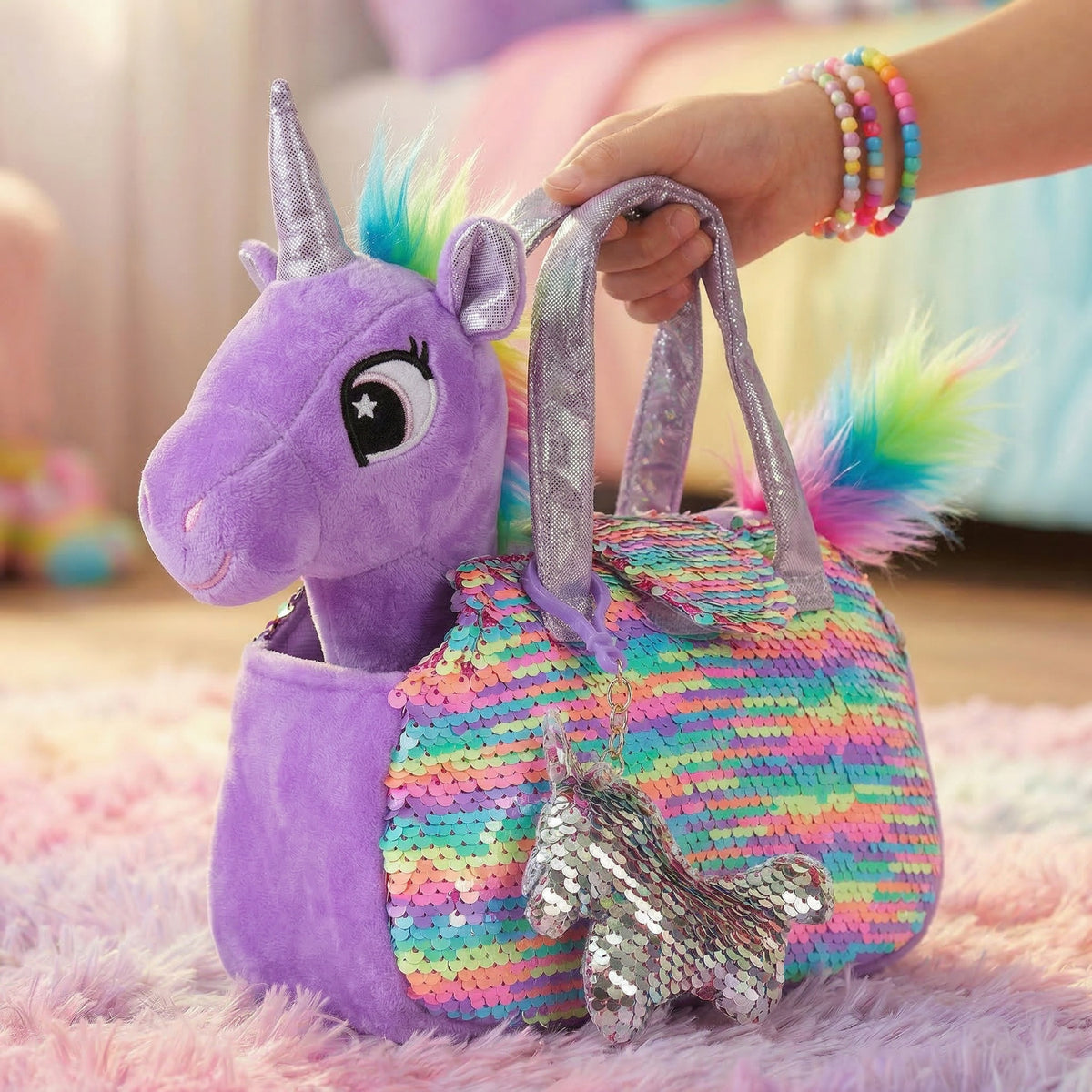 Purple Rainbow Unicorn Pet Plush Set with Bag for Kids – Little