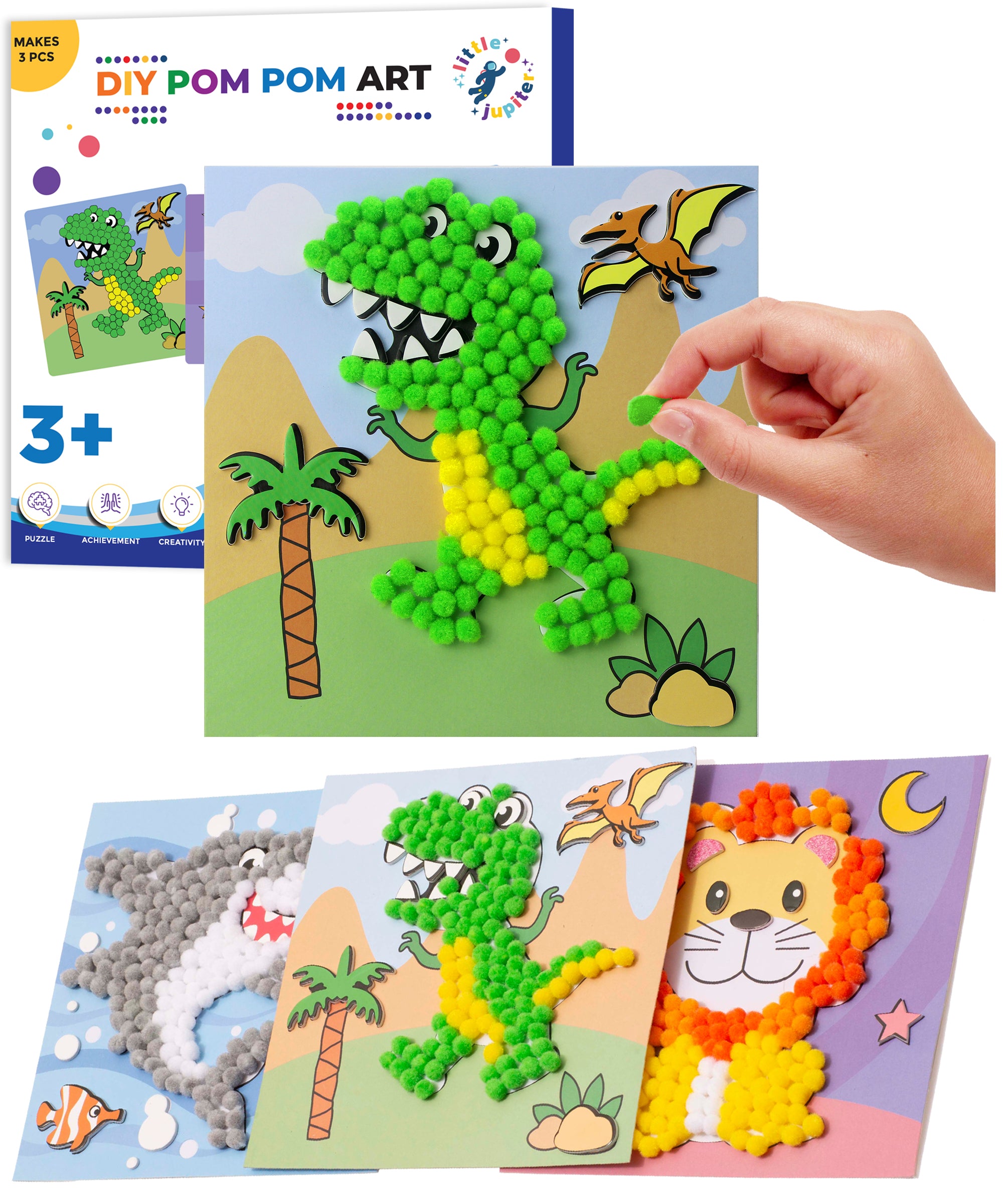 DIY Pom Pom Art - 3pcs (Dinosaur, Lion, Shark) – Little Jupiter