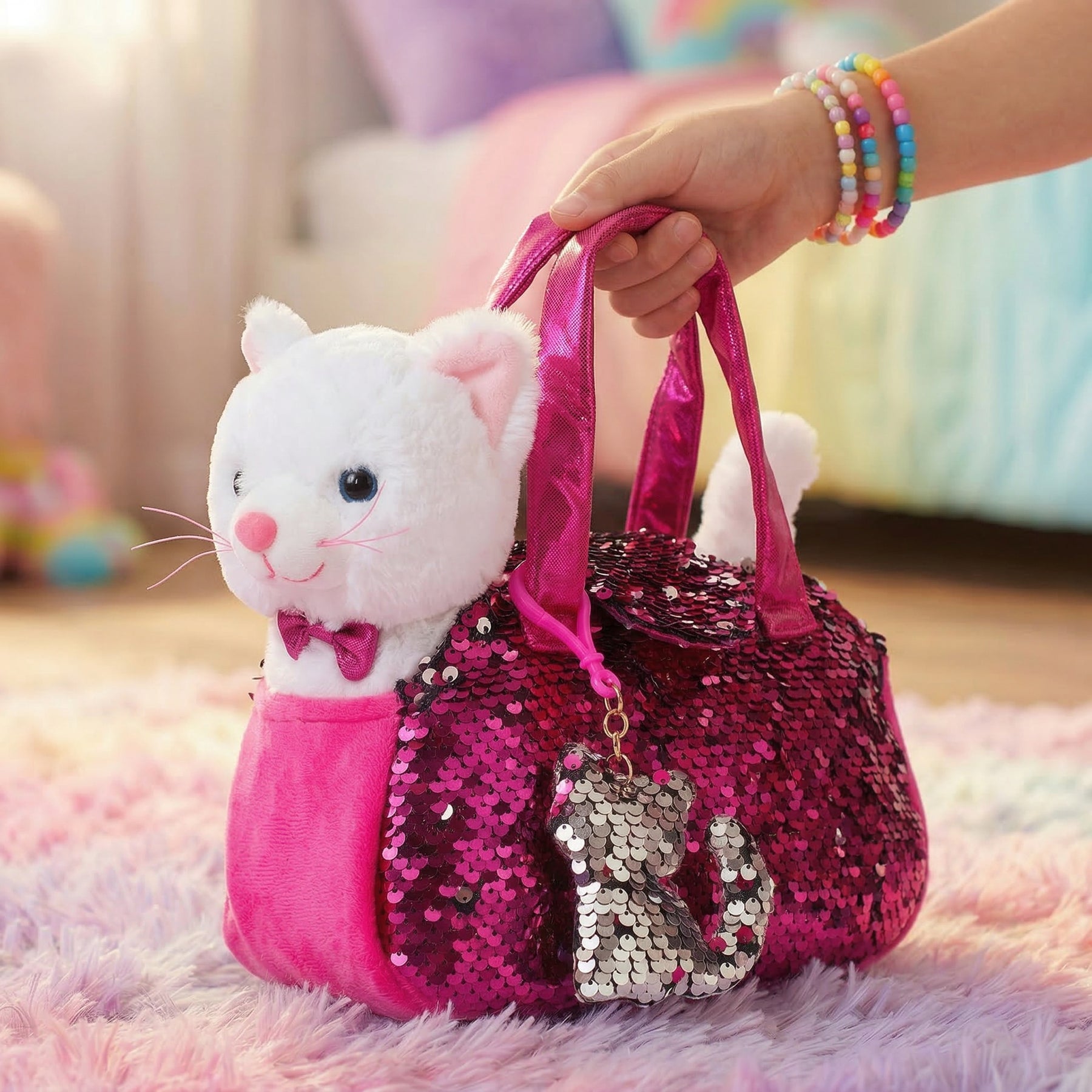 Dog Pet Plush Set with Bag - White Cat with Hot Pink Bag – Little