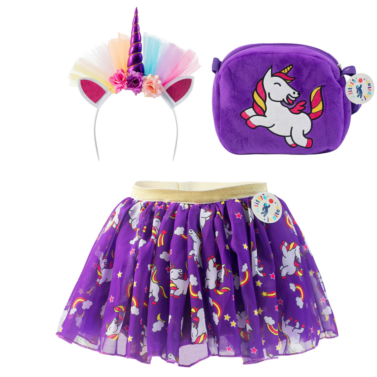 Little Jupiter 3pc Printed Unicorn Dress Set (Dress, Bag, Hairband) - Purple - Little Jupiter