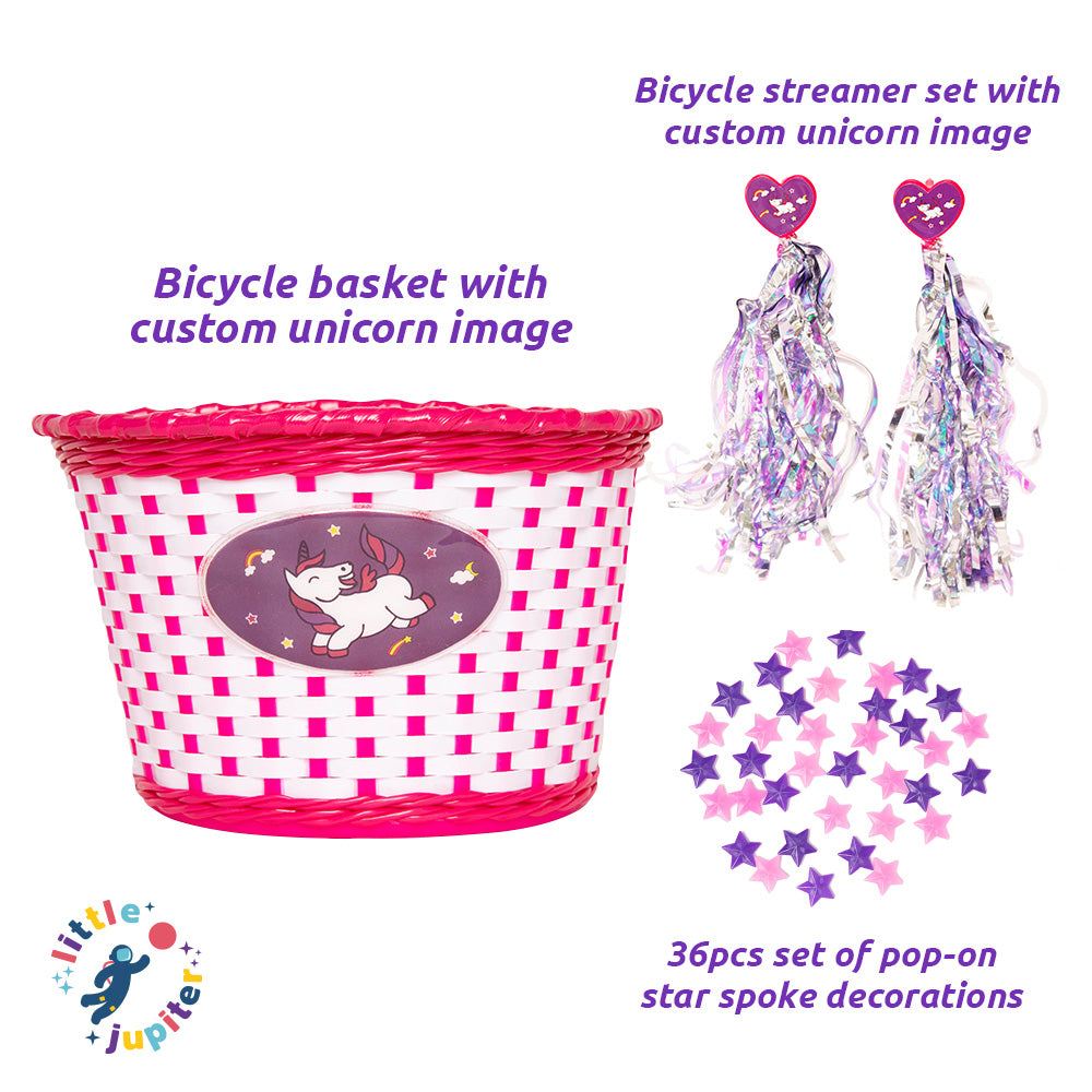 White and Pink Unicorn Bike Basket, Streamers, & Spoke Decoration Set - Little Jupiter