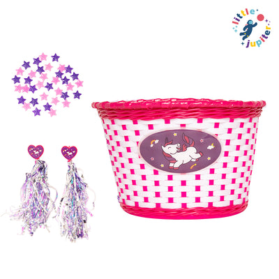 White and Pink Unicorn Bike Basket, Streamers, & Spoke Decoration Set - Little Jupiter