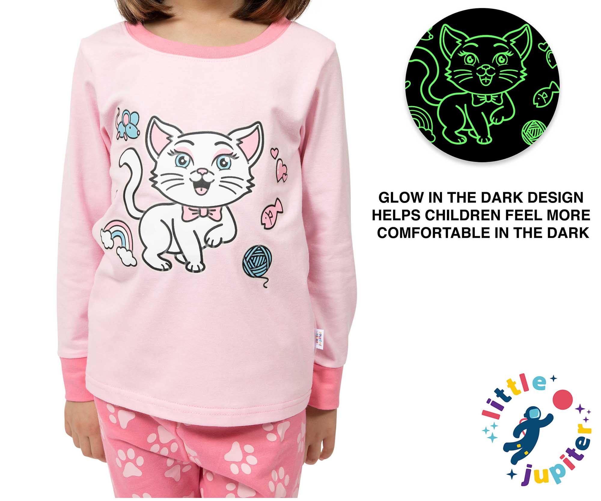 Little Jupiter Glow in The Dark Pajama Set - Pink Cat - Little Jupiter