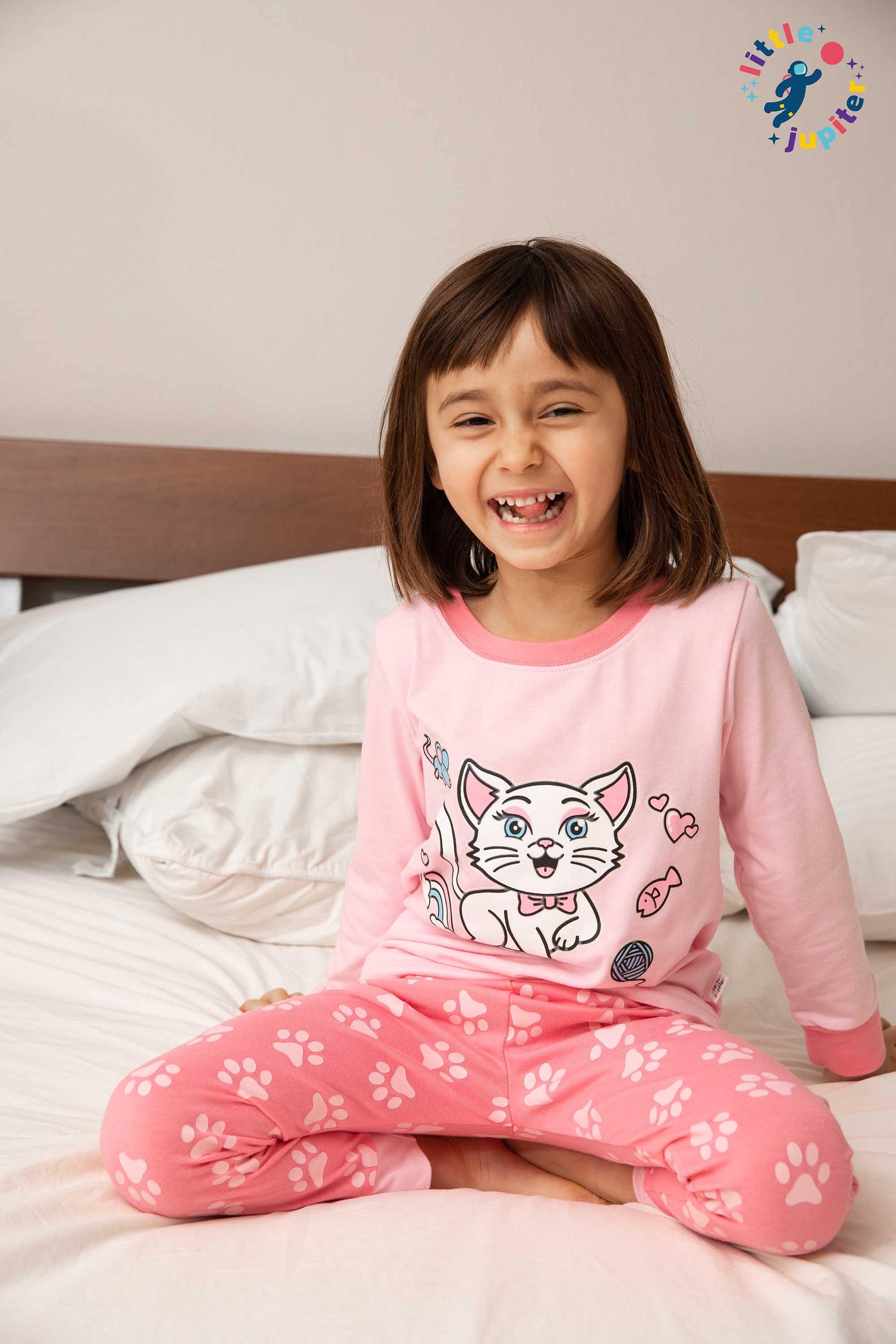 Little Jupiter Glow in The Dark Pajama Set - Pink Cat - Little Jupiter