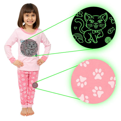 Little Jupiter Glow in The Dark Pajama Set - Pink Cat - Little Jupiter